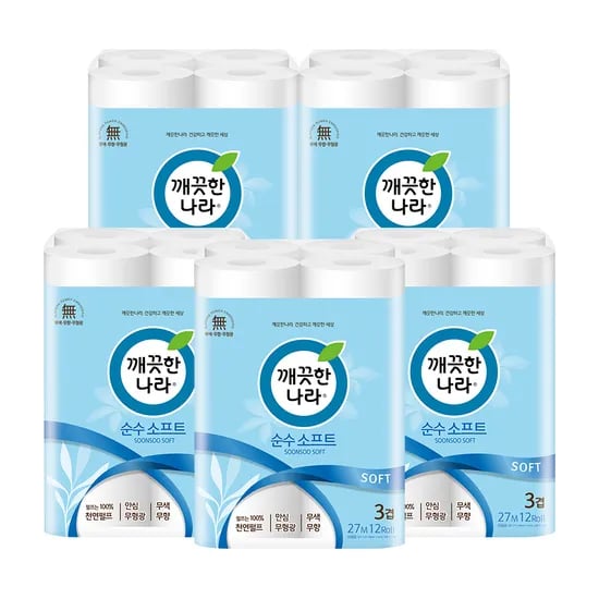 깨끗한나라 순수 소프트, 3겹, 27m, 12롤, 5팩