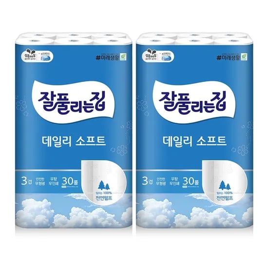 잘풀리는집 순수내추럴 3겹 천연펄프 화장지, 30롤, 30m, 2팩