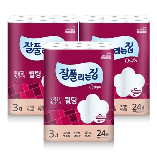 잘풀리는집 더도톰한 3겹 퀼팅 화장지, 30Mx24롤, 3팩