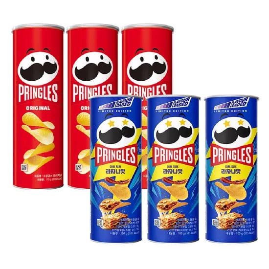프링글스 오리지날, 110g, 3개 + 미트 치즈 라자냐맛, 100g, 3개