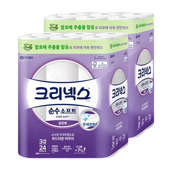 크리넥스 순수소프트 알로에 화장지, 3겹, 24롤, 28m, 2팩
