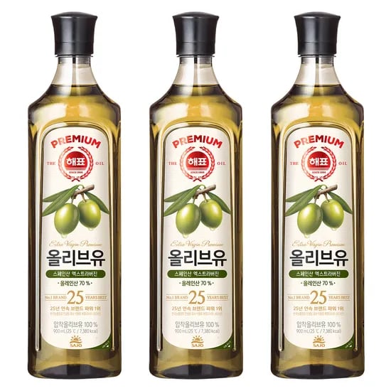 해표 엑스트라버진 압착 올리브유, 900ml, 3개