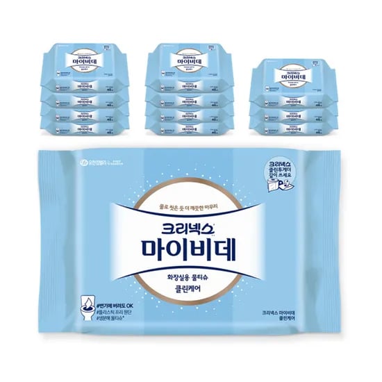 크리넥스 마이비데 클린케어 화장실용 물티슈, 리필형, 46매, 12팩