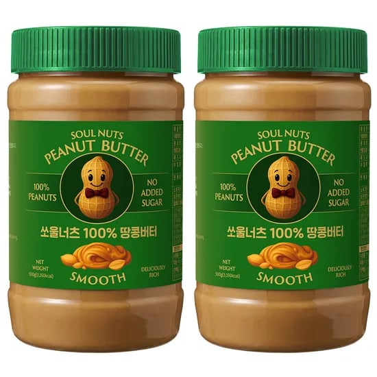 쏘울너츠 100% 땅콩버터 스무스, 500g, 2개